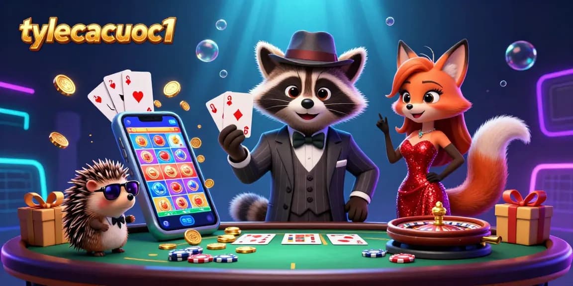 Engage in vibrant gameplay as tylecacuoc1 features a raccoon with a royal flush, flanked by a glamorous fox, immersed in a lively casino scene.