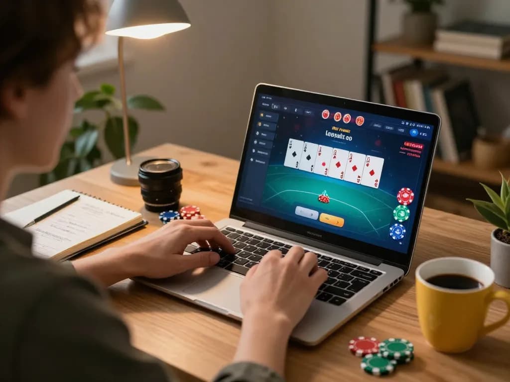 Player engaged in online poker gameplay via okking1 platform at cozy home office, showcasing a strategic environment.