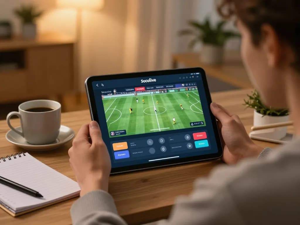 Socolive app showing live sports betting action from a cozy home setting with tablet and notes