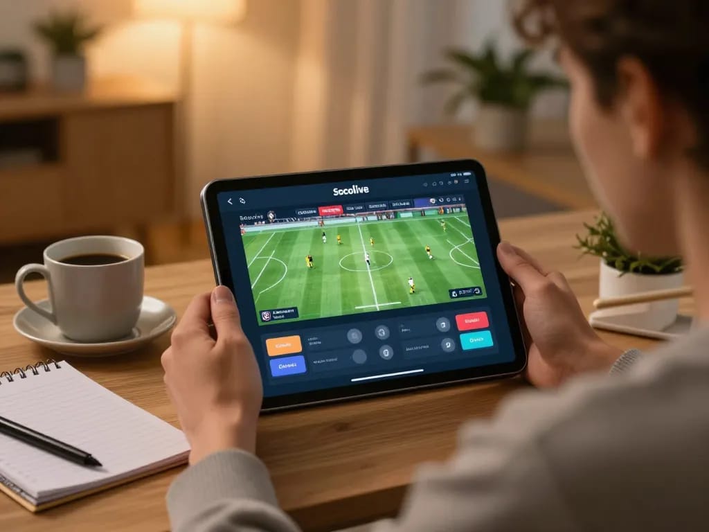Socolive app showing live sports betting action from a cozy home setting with tablet and notes