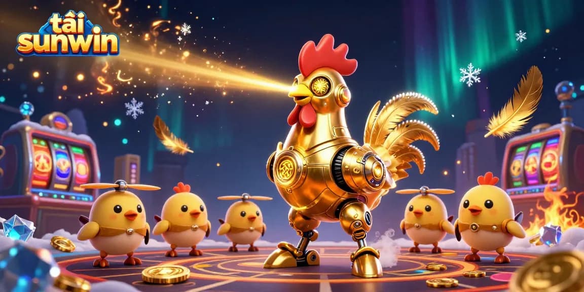 Engage in exciting gaming action with tải sunwin, featuring a dynamic golden rooster robot and baby chick drones.