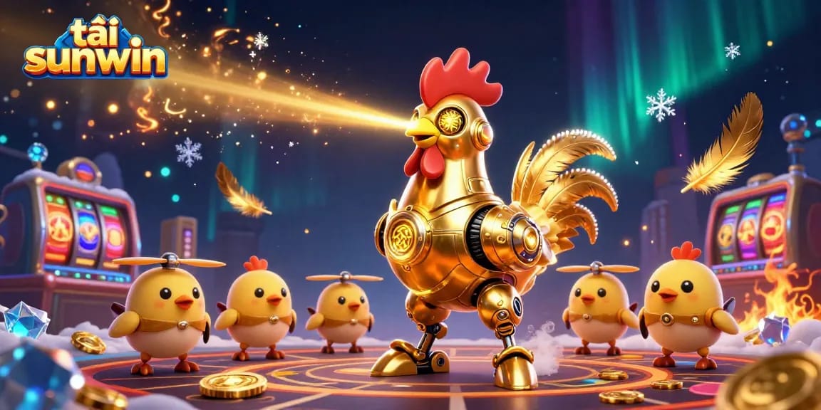 Engage in exciting gaming action with tải sunwin, featuring a dynamic golden rooster robot and baby chick drones.