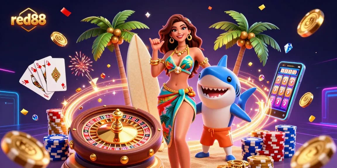 Win big with red88's vibrant casino illustration showcasing glamorous games and thrilling energy.