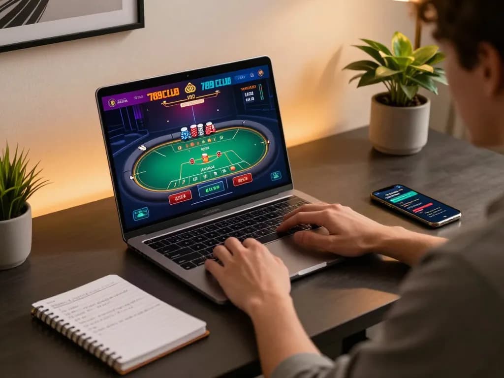 Engaging in poker games on 789club using a laptop at a stylish home office.