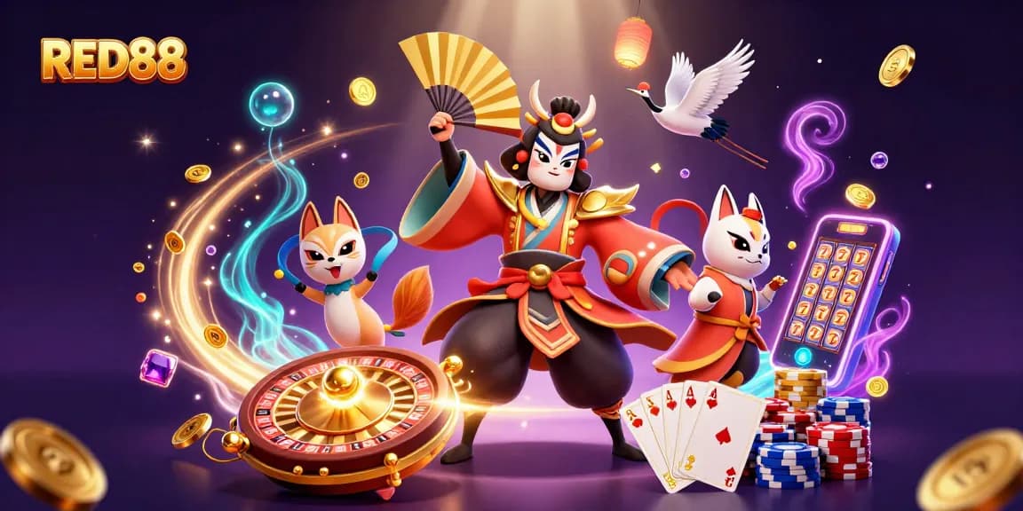 Win exciting rewards at RED88 with this vibrant 3D casino illustration of kabuki warriors and lucky symbols.