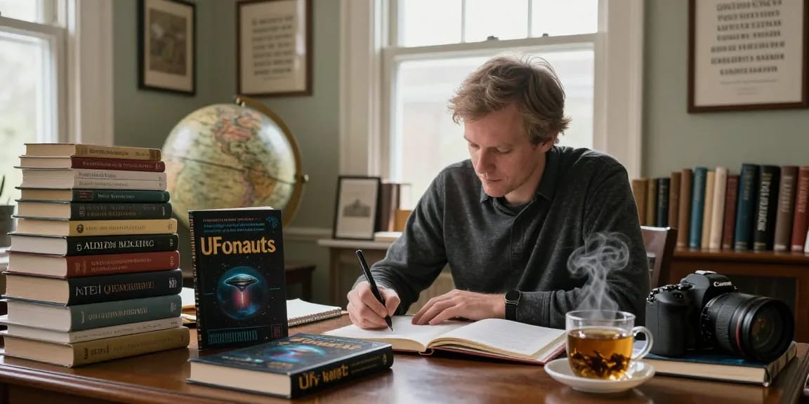 T Allen Greenfield writing at https://tallengreenfield.com surrounded by books on spirituality and UFOs.