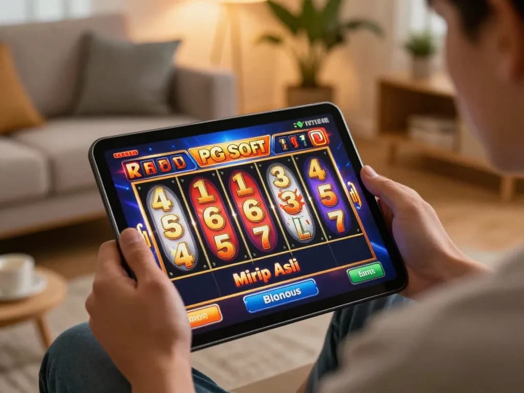 Bermain Slot Demo PG Soft Mirip Asli di tablet di ruang tamu yang bergaya.
