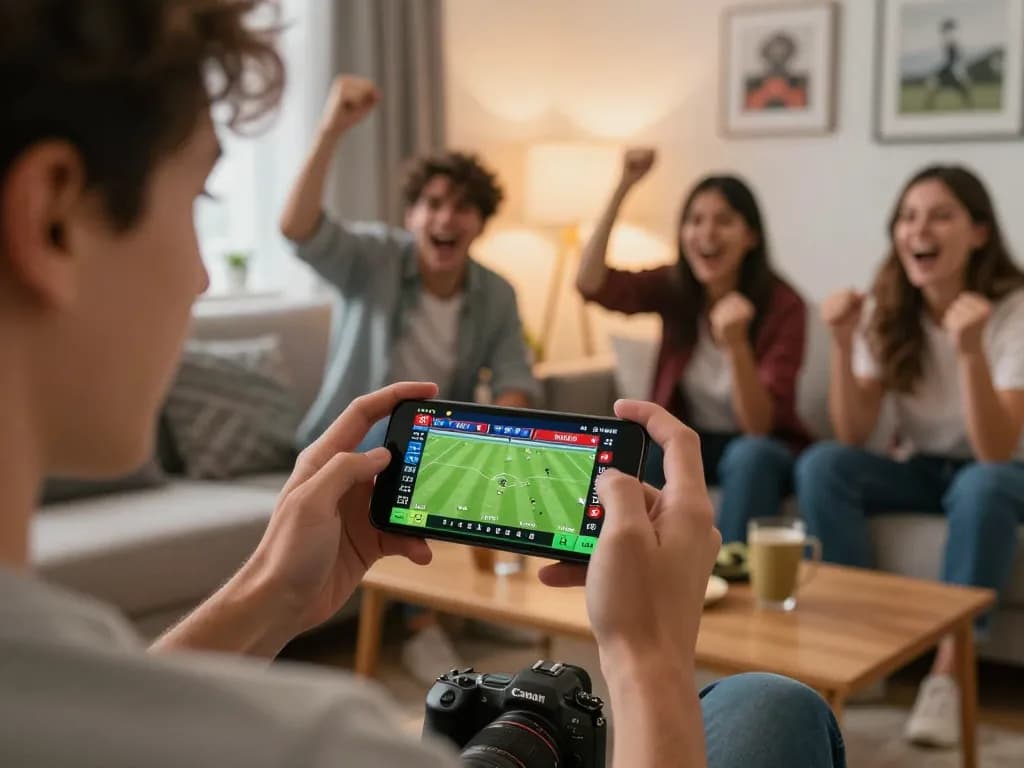 Engaging scene of xem bóng đá trực tuyến kèo nhà cái on a smartphone, illustrating the excitement of live sports betting.