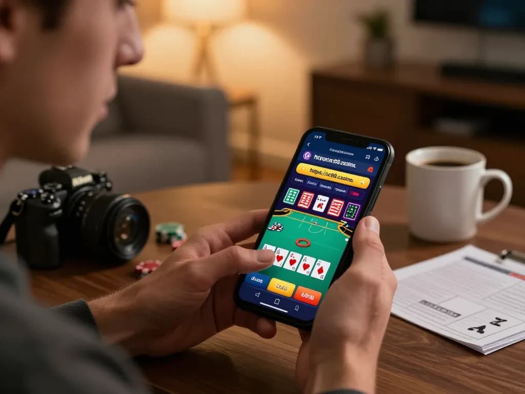 Playing poker on https://sc88.casino/ through a mobile device in a cozy home setting.