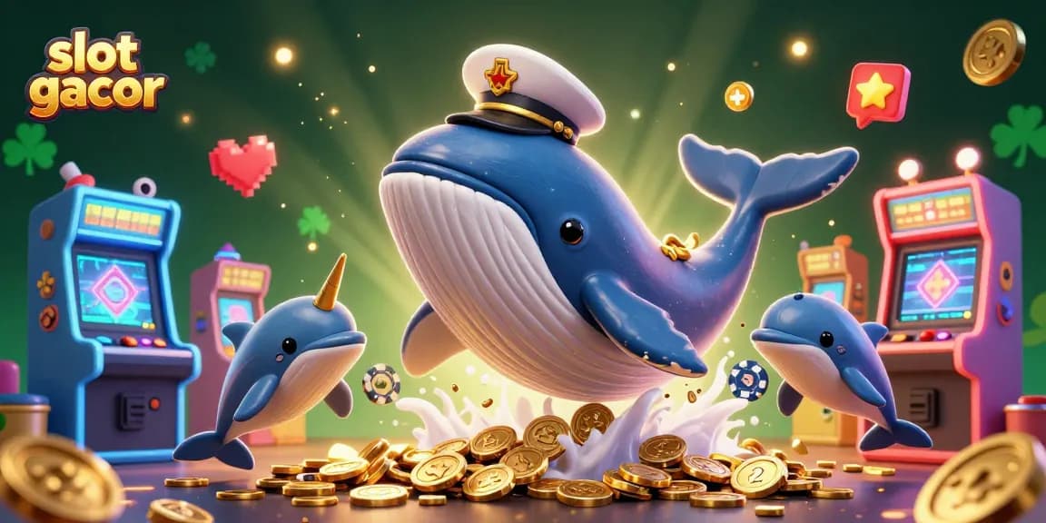 Permainan slot gacor dengan ikan paus 3D besar dan lumba-lumba beraksi di atas lautan koin.