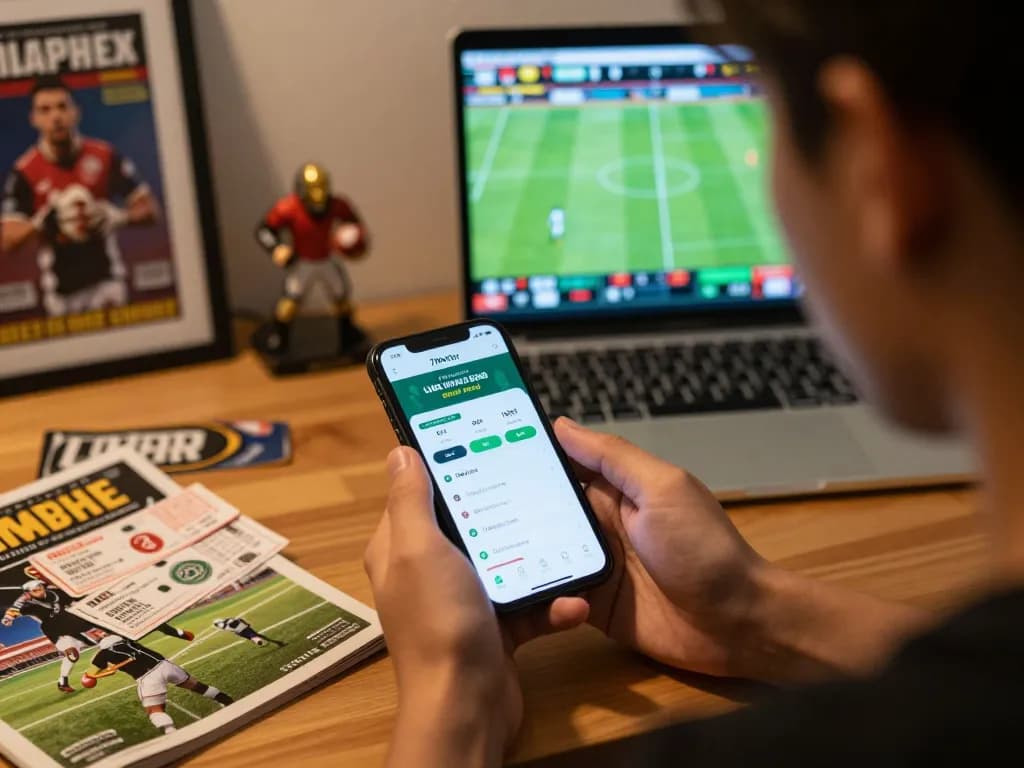 Engaging user exploring 7meter Link Alternatif sports betting app on smartphone, emphasizing strategic betting.