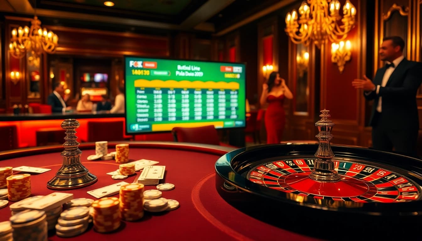 Engage in thrilling betting action at Situs Judi Bola Piala Dunia 2029 with an elegant casino atmosphere, featuring tables of poker chips.