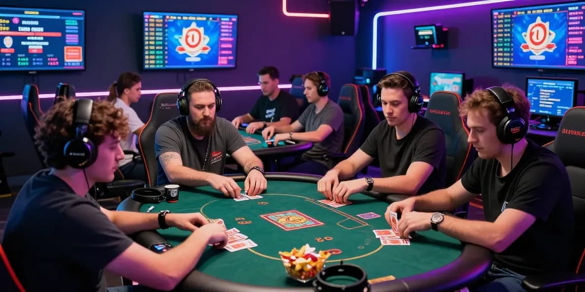 Players enjoying thrilling card games at https://gamebaidoithuong.is/ in a lively gaming lounge with vibrant ambiance.