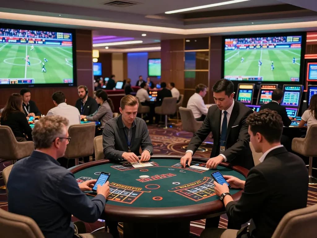 Sports betting excitement at KP88 with enthusiastic bettors and live sports displays
