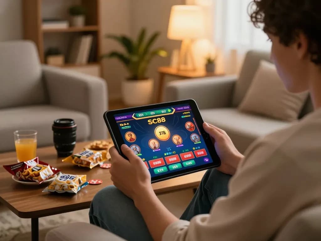 Person enjoying SC88 online casino games on a tablet in a cozy home setting while snacking