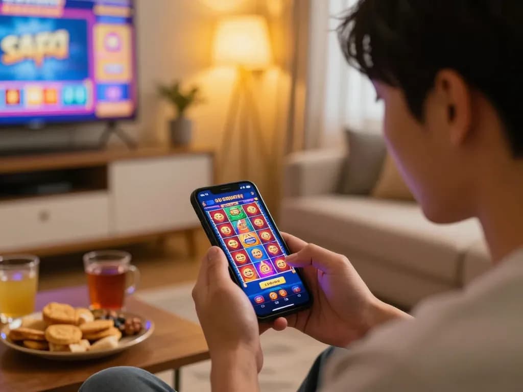 Player enjoying sunwin app on smartphone, vibrant online gambling scene at home.