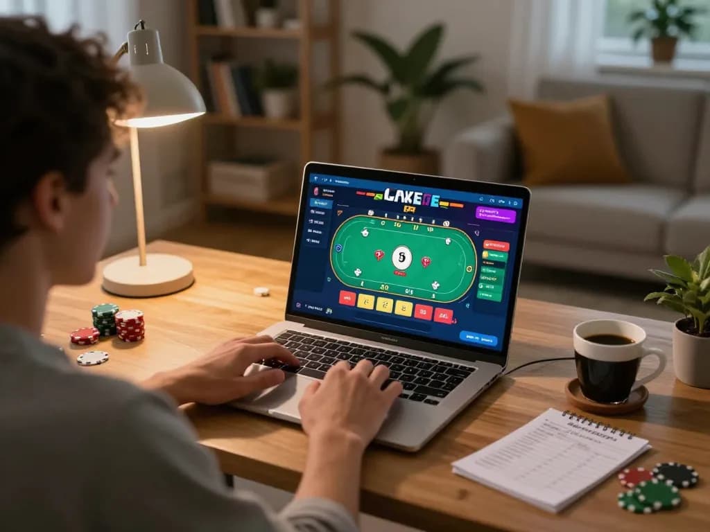 Engaging in online gaming at home with nhà cái 5679 on a laptop showcasing poker gameplay and strategic notes.