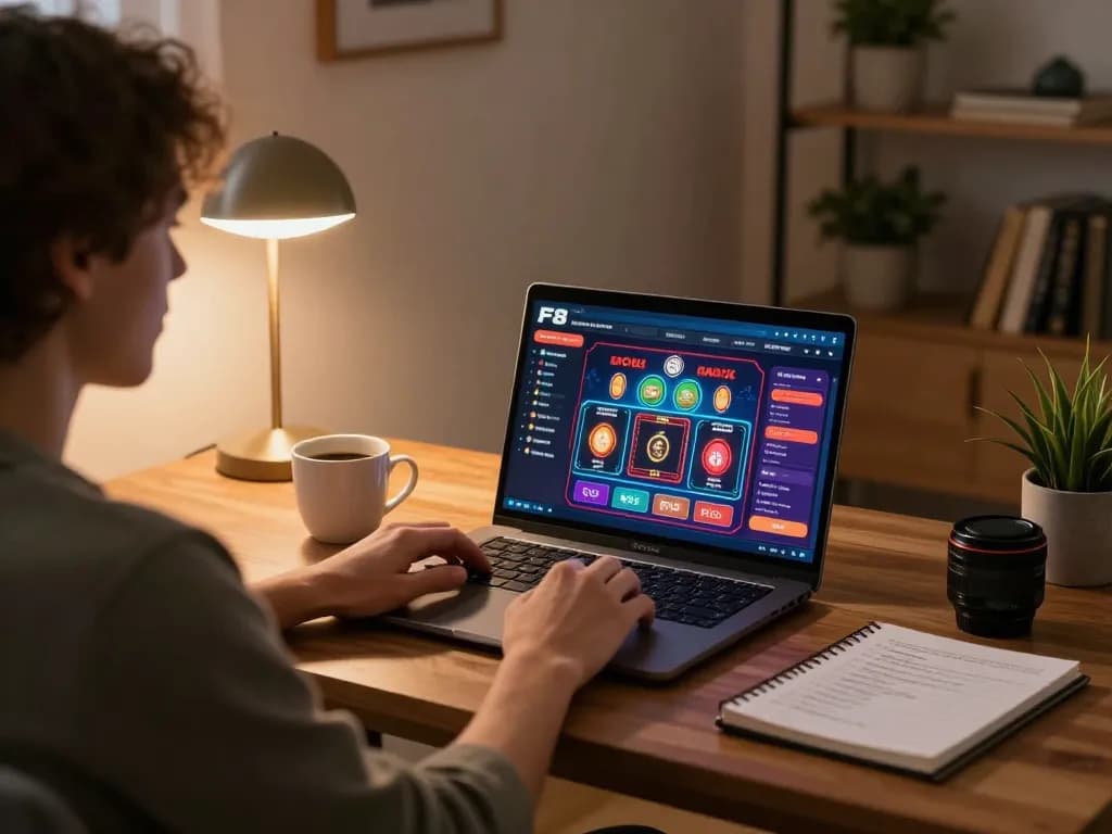 Player engaging with F8 bet online gaming platform on laptop in cozy home setup.