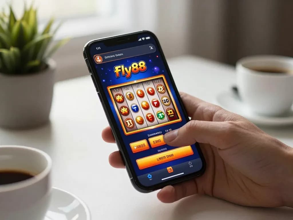 Engaging scene of a user enjoying fly88 online slots on a smartphone, highlighting mobile gaming experience