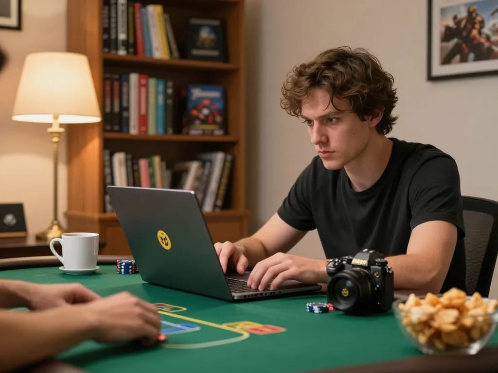 Person playing online poker on NEGO77 laptop, showcasing strategic gameplay in a cozy home setting.