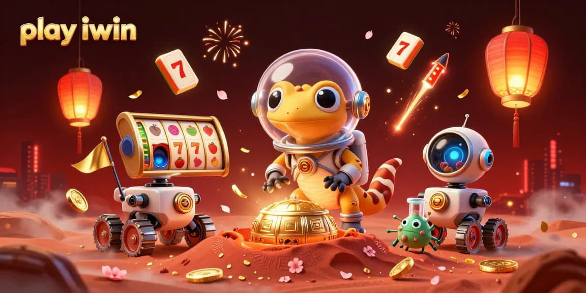 Play iwin with a vibrant, animated casino scene featuring a Martian gecko and a golden casino.