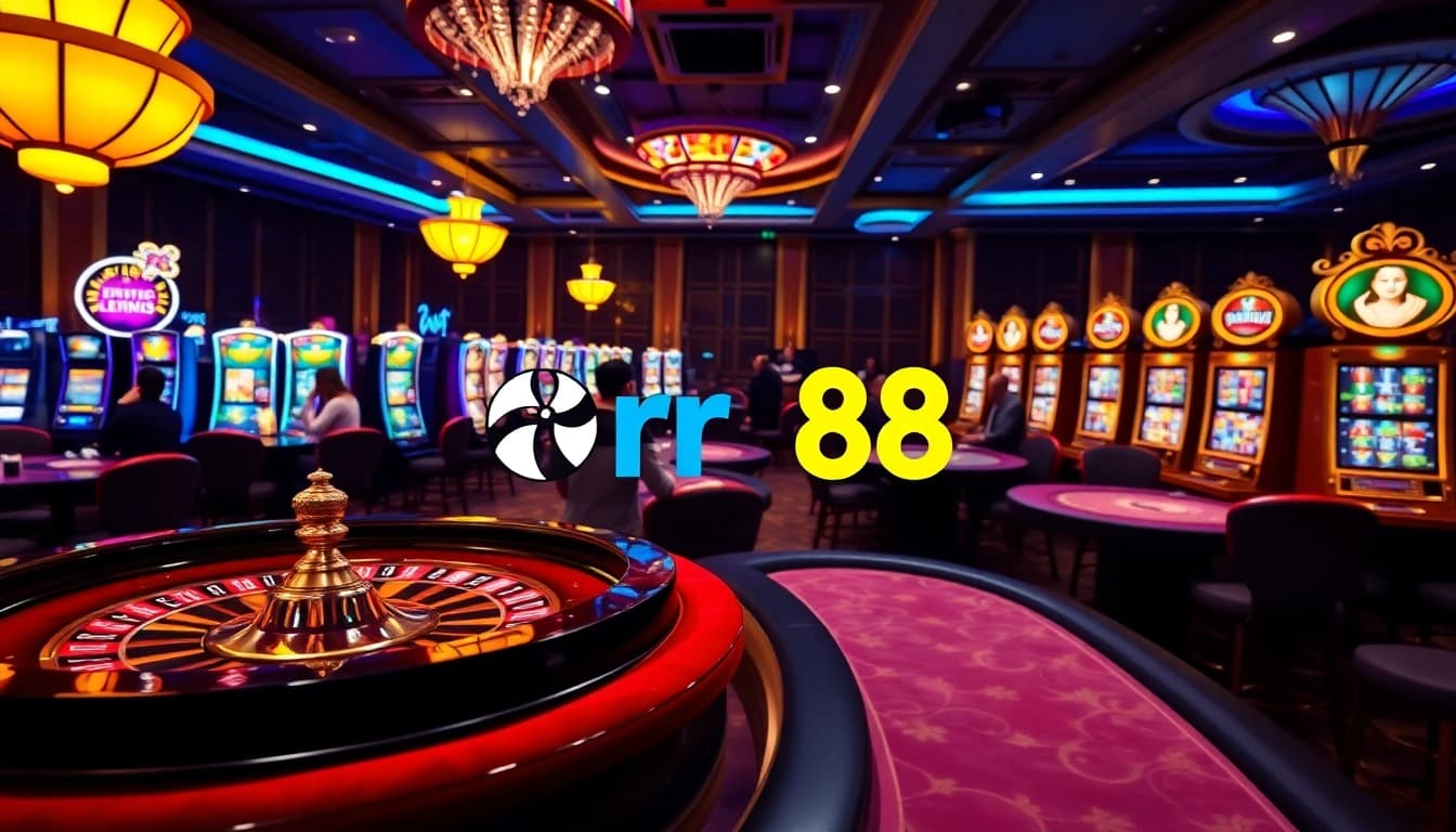 Experience thrilling gambling with rr88 at an upscale casino featuring roulette and poker tables.