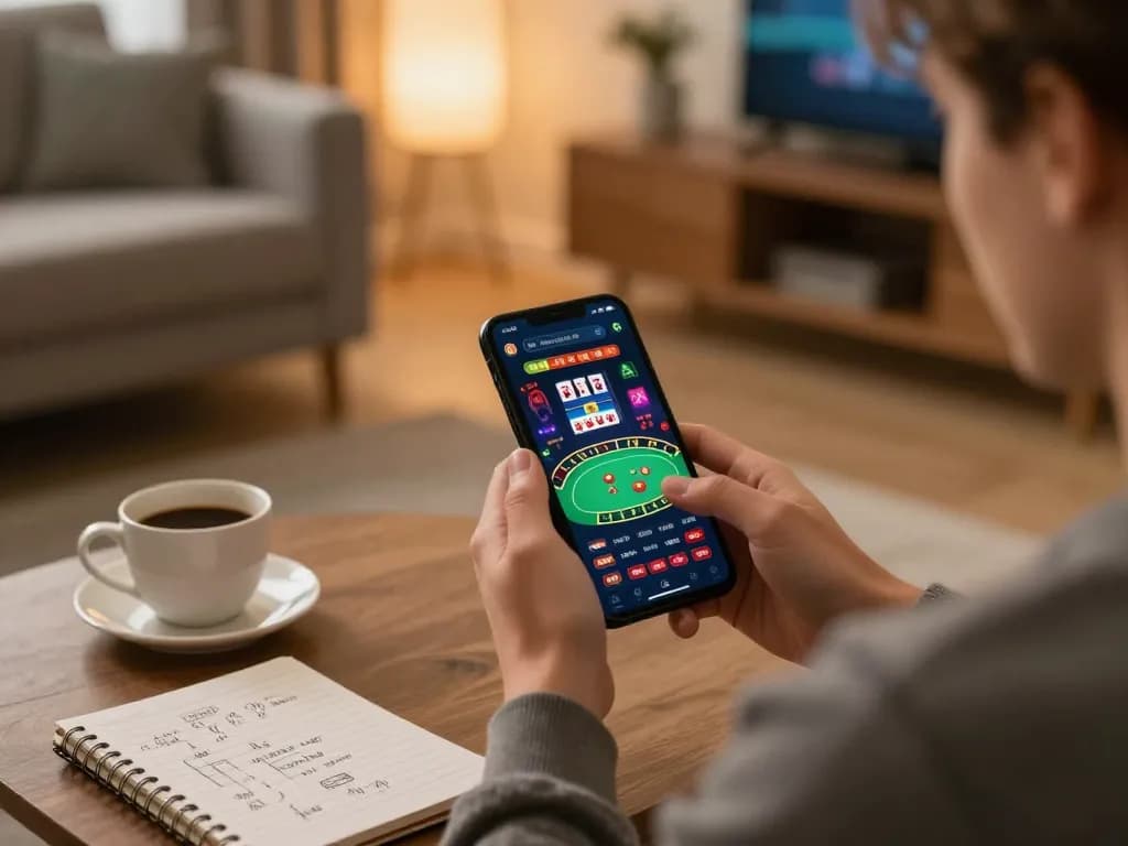 Player using a mobile casino app from home, highlighting nhà cái uy tín and engaging online gaming experience.