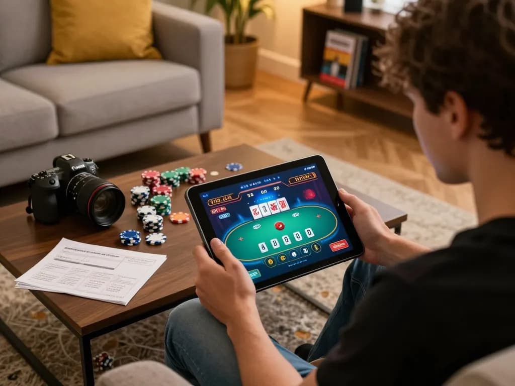 Engaging in an online poker game at home with lucks8 app on tablet, emphasizing comfortable strategic play.