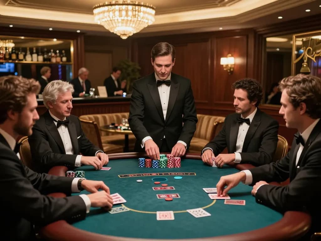 High-stakes poker game in a luxurious casino room, showcasing Kasino players in formal attire.