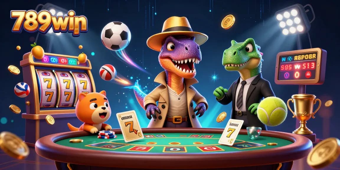 Engage with thrilling gameplay at 789win vip featuring a 3D velociraptor card counter amid spinning slot reels and vibrant casino action.