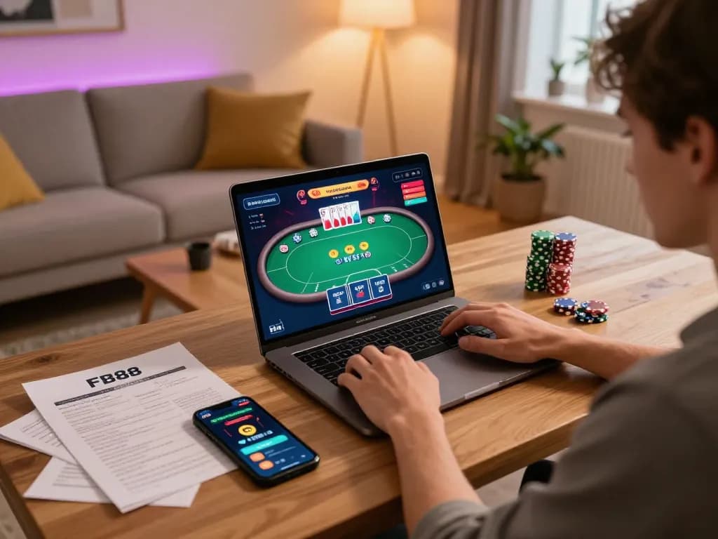 Engaging in poker gameplay on FB88 with focused strategy notes in a cozy home setting