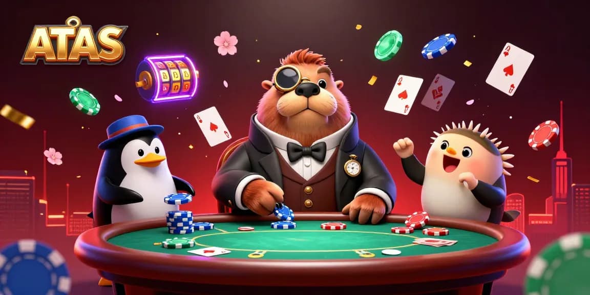 Engage with ATAS Casino's vibrant atmosphere, featuring a jolly walrus, poker dealer, and player in action.