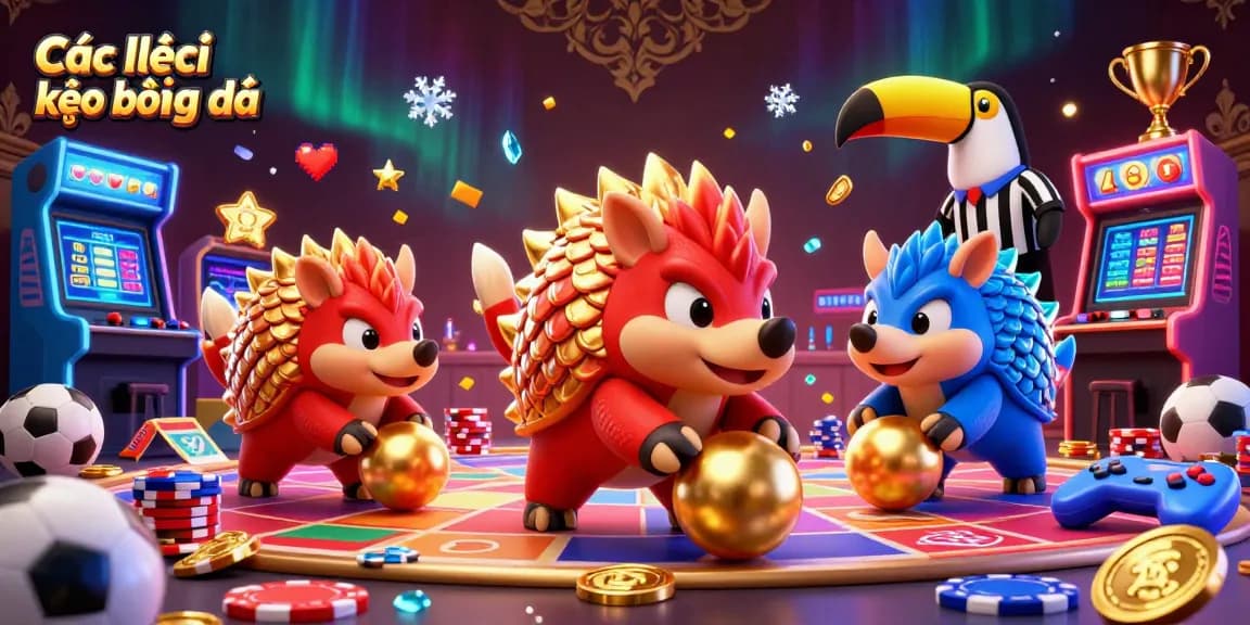 Engaging sports betting scene featuring Các loại kèo bóng đá with dynamic pangolins and arcade elements.