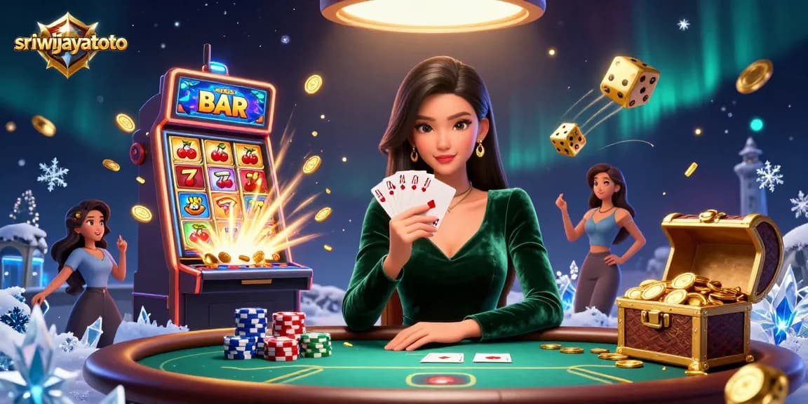 Sriwijayatoto showcases an elegant Asian woman in a vibrant casino setting, engaging in a strategic poker game.