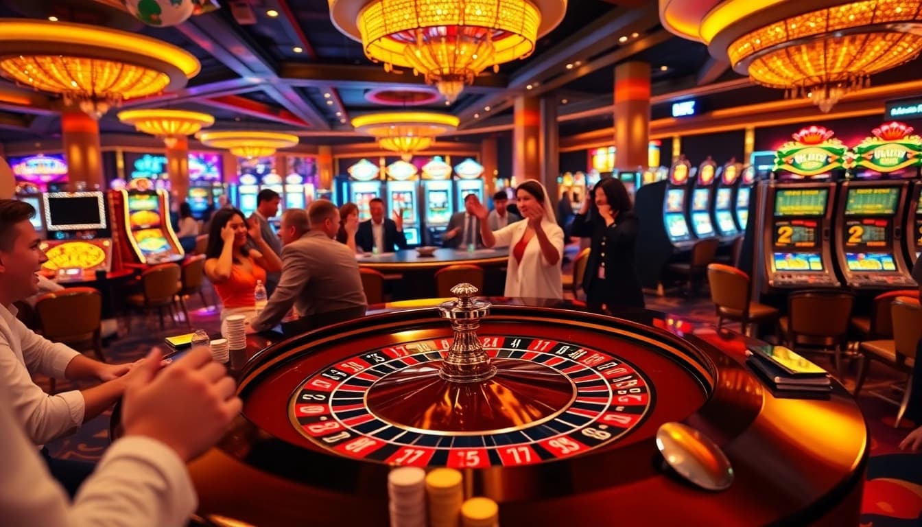 Players enjoying casino thrills at https://rr9957.com/ roulette table with vibrant colors and excitement.