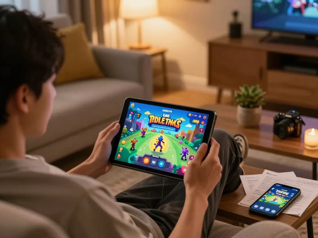 KADAL778 player engaged in interactive gaming on tablet in a cozy home setting.
