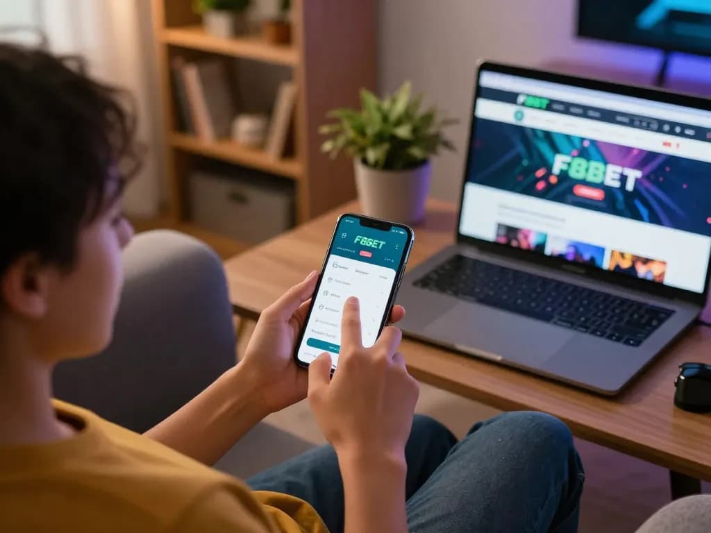 Engaging with F8BET’s mobile app for an enjoyable online gambling experience on a cozy couch.