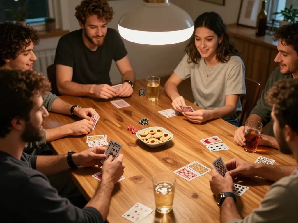 W4U players enjoying a lively poker night with friends and snacks, celebrating strategic gameplay.