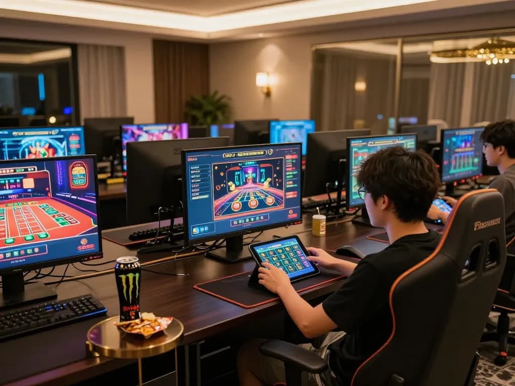 Pemain terlibat dalam permainan online strategis di Planet 77 dengan banyak layar yang menampilkan permainan