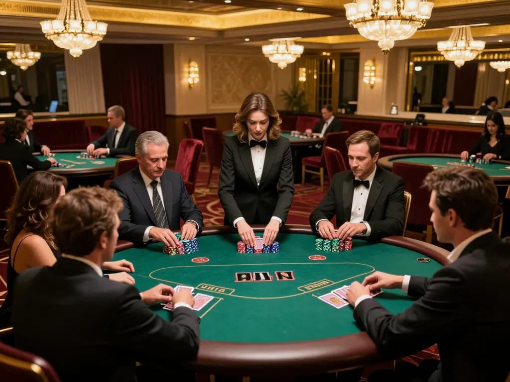 lc88 players strategizing in an upscale poker area with vibrant chips and cards