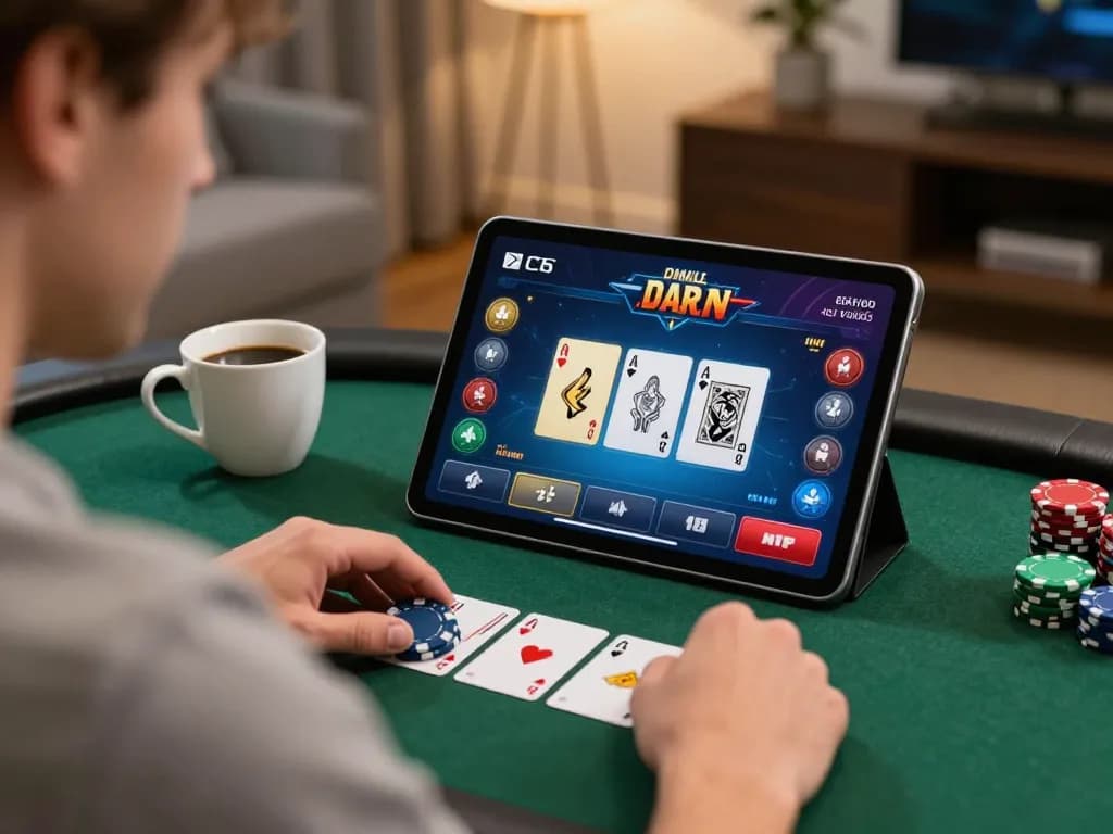 Engaged in strategic online poker gameplay on sky88 tablet with chips and cards displayed
