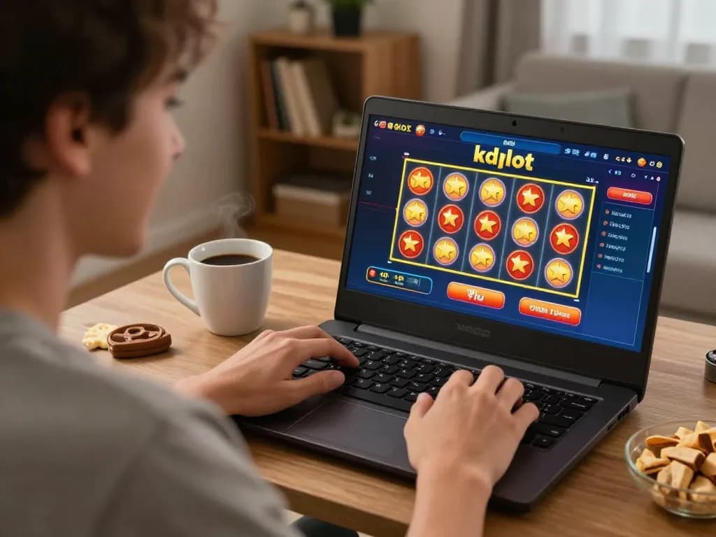 Player engaging with kdslot online casino interface in a cozy home environment, emphasizing excitement and enjoyment