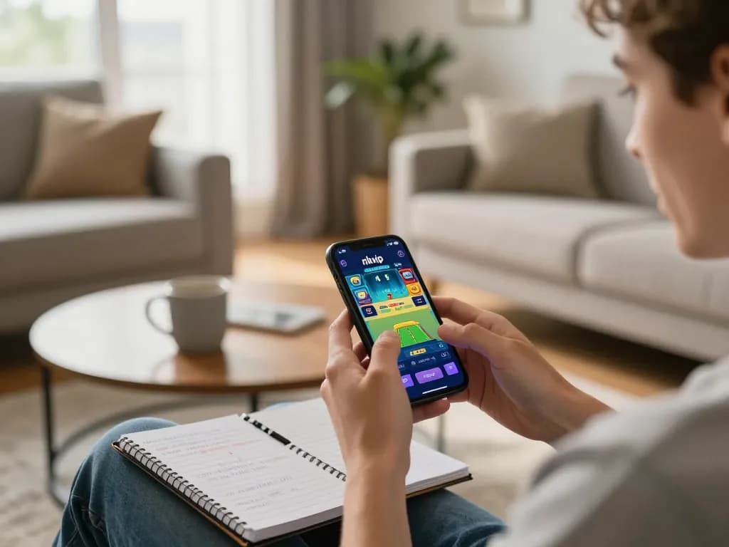 Player engaging with the rikvip app on a smartphone in a cozy home setting, showcasing online gambling