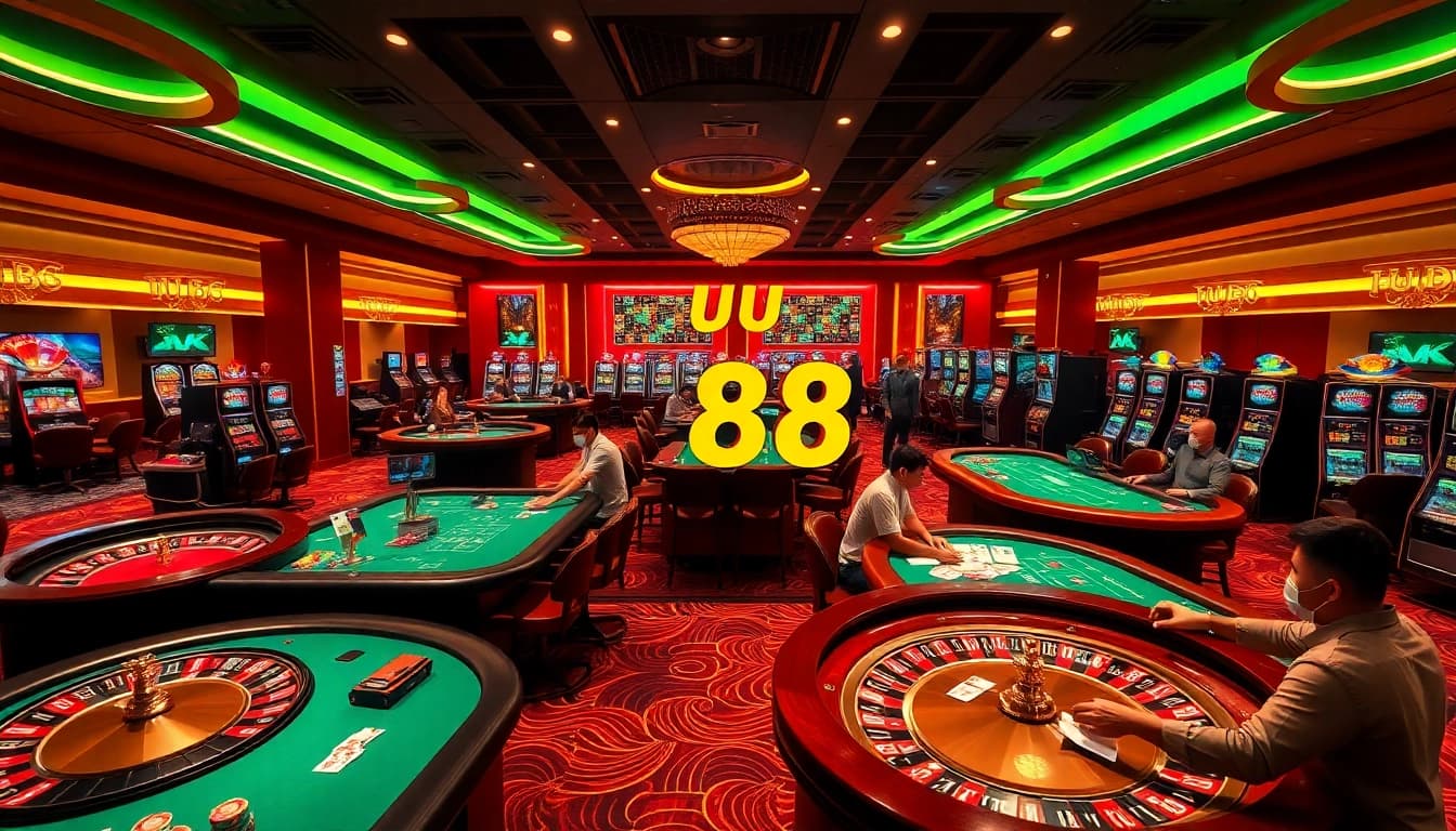 Experience thrilling online betting at uu 88 with vibrant casino visuals of poker and roulette.