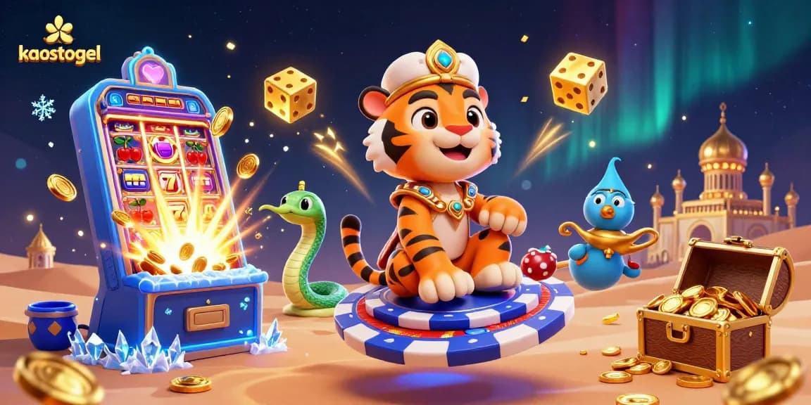 Experience thrilling kaostogel action with a vibrant casino scene featuring a sultan, jackpot slot machines, and golden treasures.