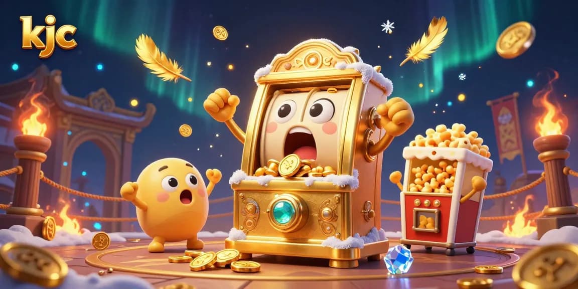 KJC slot machines celebrate a jackpot victory with golden coins pouring out, showcasing excitement.