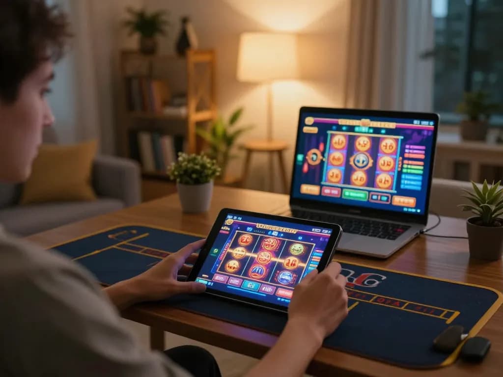 Cloud-africa online gaming setup showcasing a person engaging with slot games on a tablet.