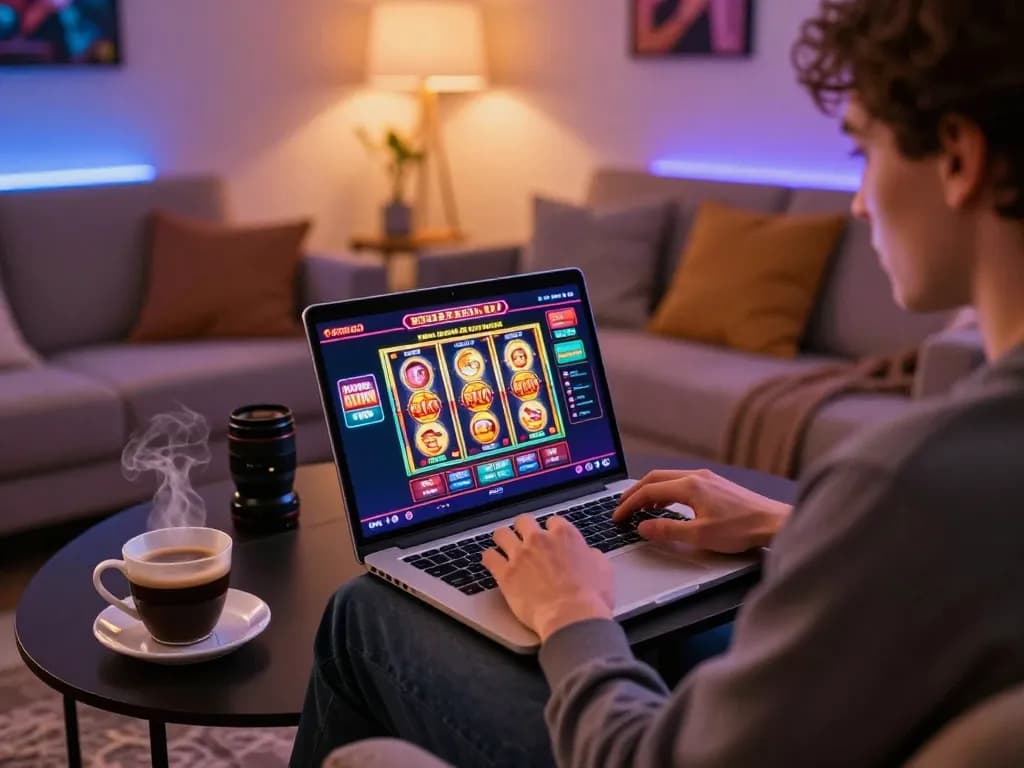 KDTOTO user enjoying online casino action on laptop at home, showcasing vibrant gaming graphics.