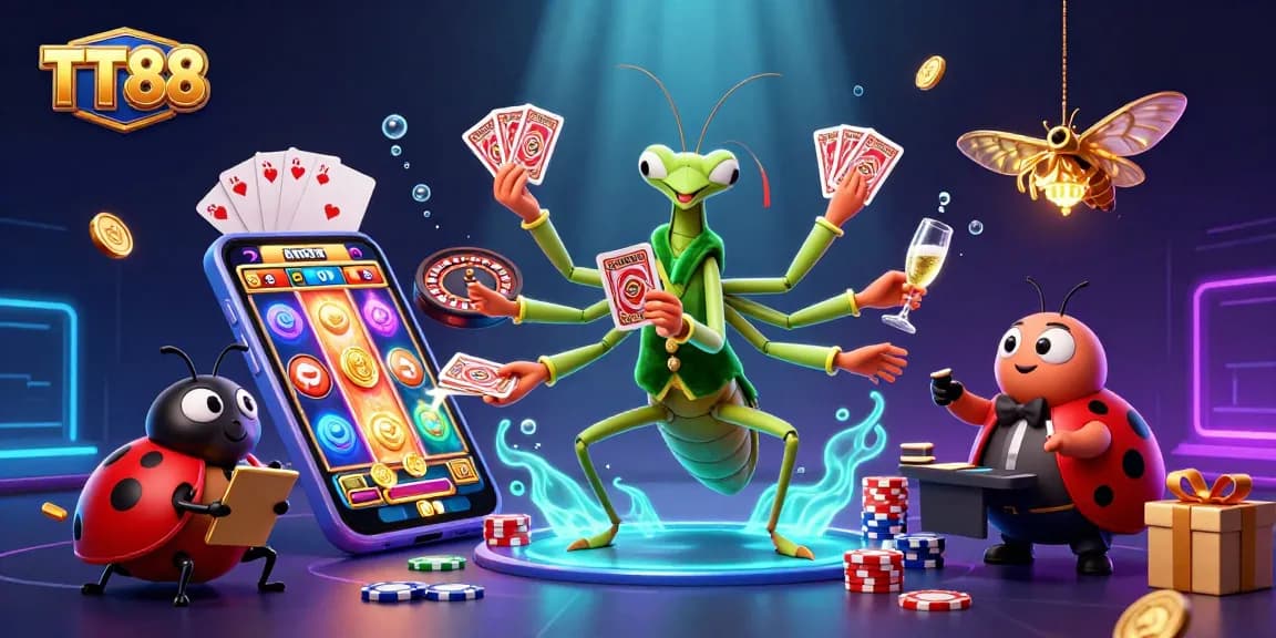 Experience TT88's vibrant gaming scene with a praying mantis card sharp and ladybug pit boss.