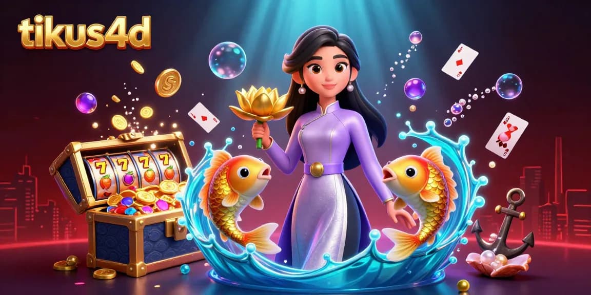 Engage with tikus4d as an elegant Asian woman showcases a golden lotus flower amidst vibrant slot elements.